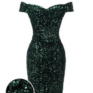 Green 1960s Sequins Off-Shoulder Pencil Dress - Retro Stage - Size L (8)